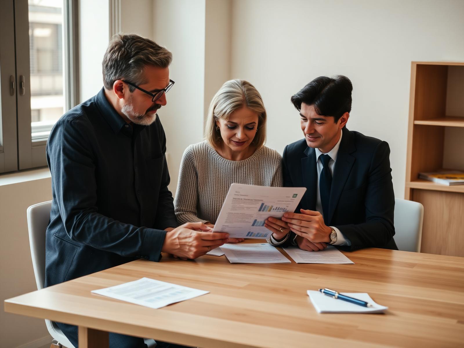 Cliente conferindo simulação de crédito com atendente em uma mesa iluminada